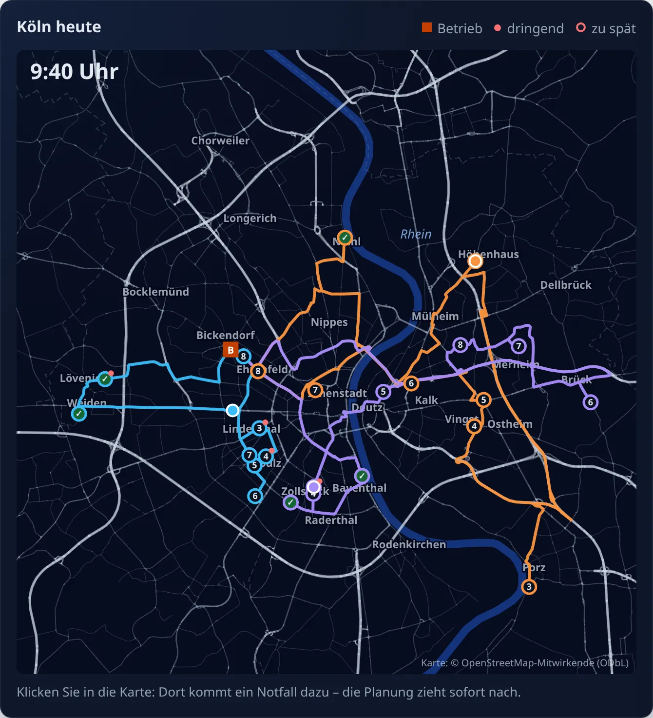 Demo-Anwendung beim Abspielen des Tages: Um 9:40 Uhr sind die drei Fahrzeuge auf der Kölner Karte unterwegs, erledigte Einsätze sind markiert