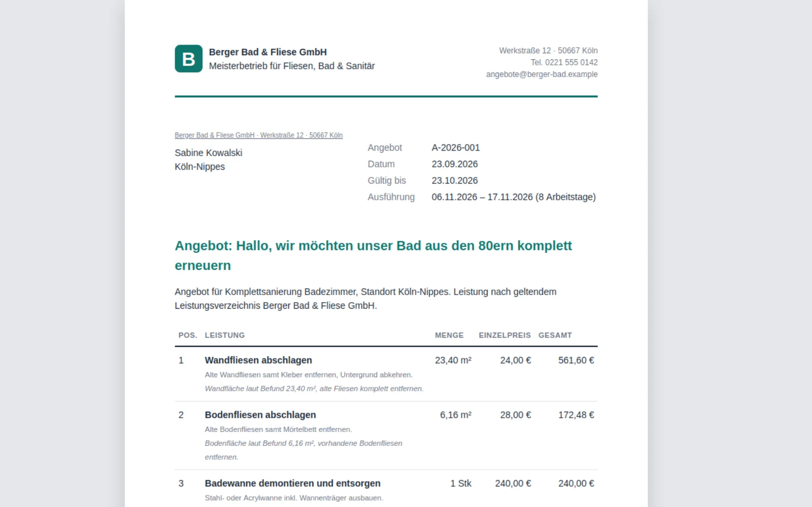 Das Angebot als PDF mit Positionen, Mengen und Preisen aus dem Leistungskatalog