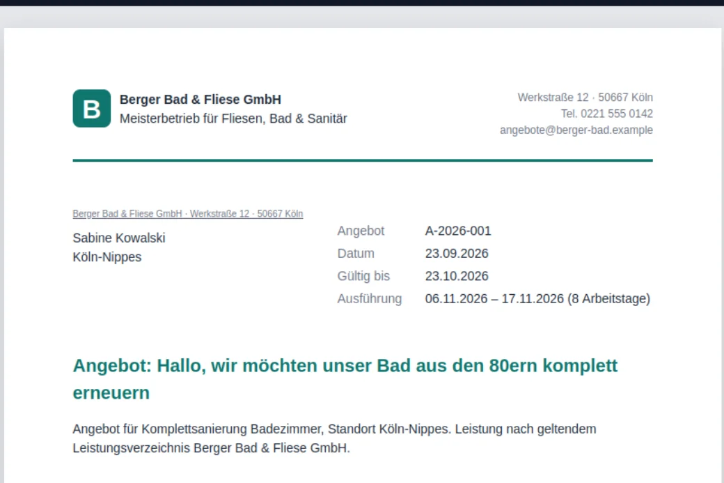 Angebotsentwurf der fiktiven Berger Bad & Fliese GmbH mit dem Hinweis „Entwurf, noch nicht freigegeben“