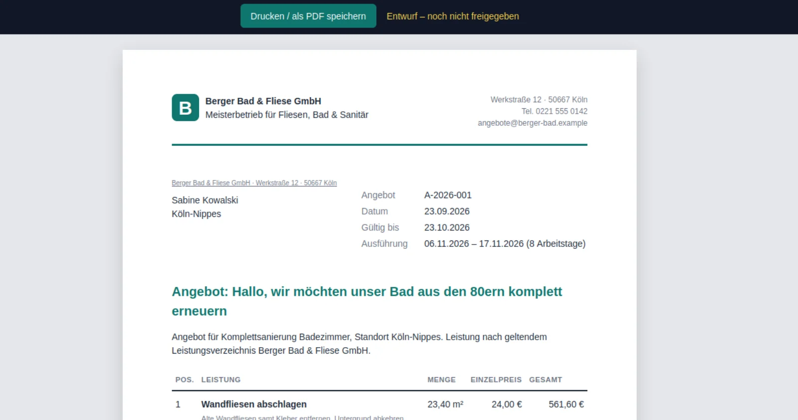 Angebotsentwurf der fiktiven Berger Bad & Fliese GmbH mit dem Hinweis „Entwurf, noch nicht freigegeben“