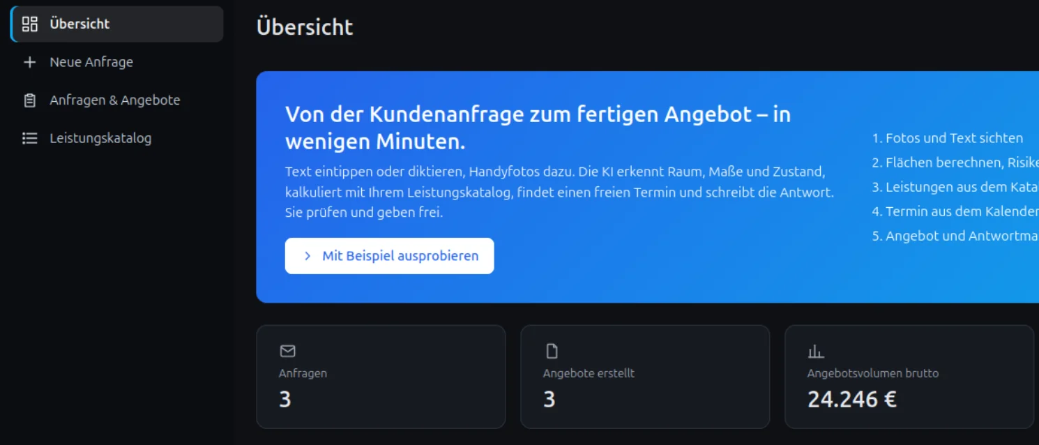 Übersicht des Angebotsassistenten: fünf Schritte von der Kundenanfrage zum Angebot und die letzten Anfragen