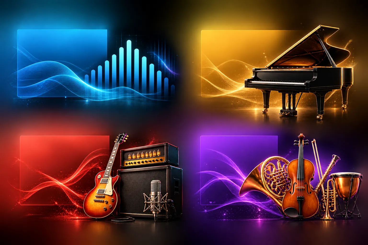 Four sound worlds: synthesizer, grand piano, guitar with amplifier and orchestra