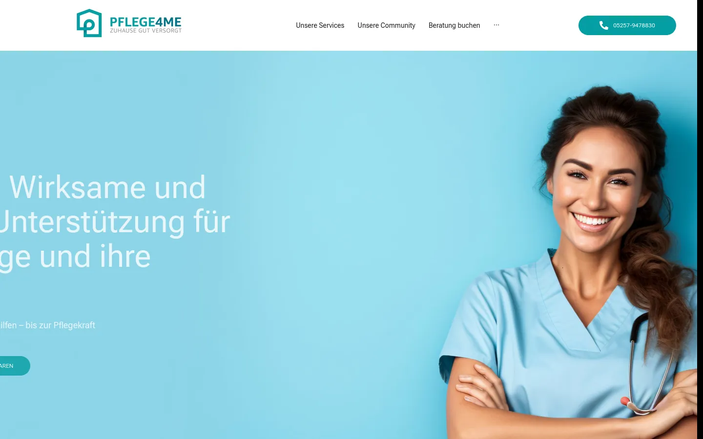 Home page of pflege4me.de with a carer and the company's guiding statement