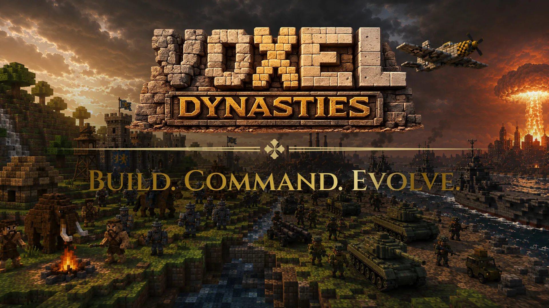 Voxel Dynasties key art: a castle made of blocks, armies, tanks and aircraft