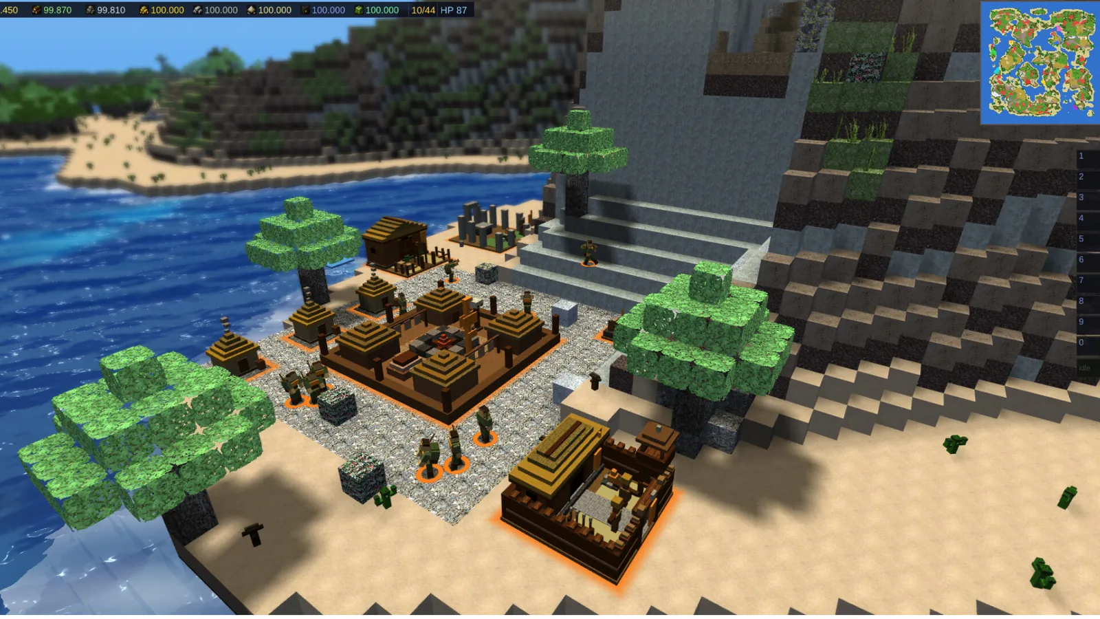 A beach settlement with houses and palm trees made of blocks