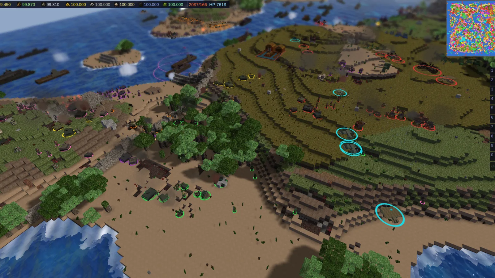 An island landscape with units and buildings from above