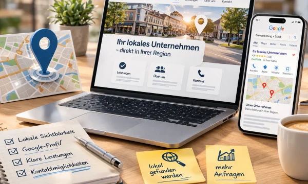 Website-Struktur mit Startseite, Leistungsseiten, Kontakt und Vertrauenselementen auf mehreren Geräten