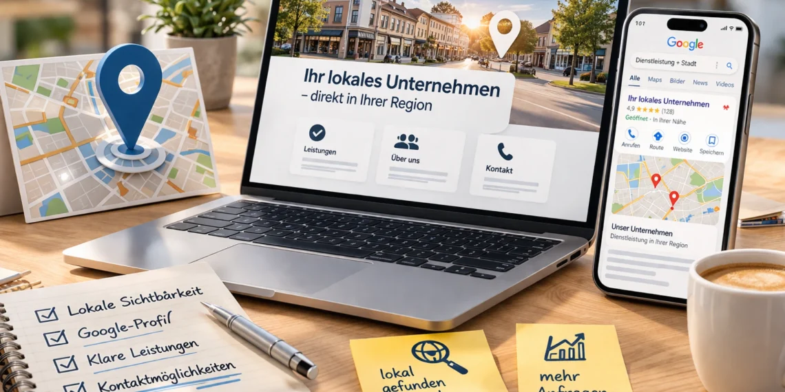 Website-Struktur mit Startseite, Leistungsseiten, Kontakt und Vertrauenselementen auf mehreren Geräten